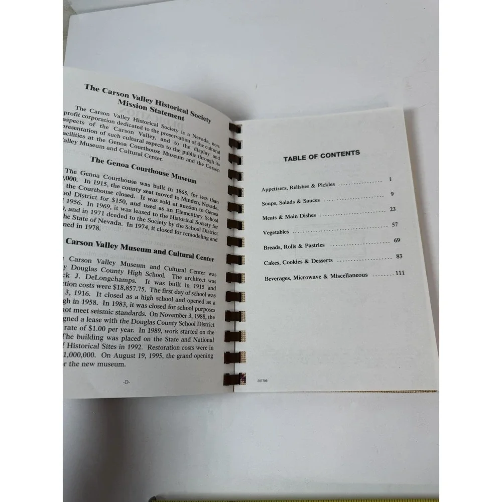 Carson Valley Historical Society Cherished Recipes‎ Spiral Cookbook Nevada